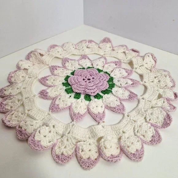 Hand Crocheted Lace Doily Flower Lavender White Green Purple Cotton 10 Inch - Picture 4 of 14